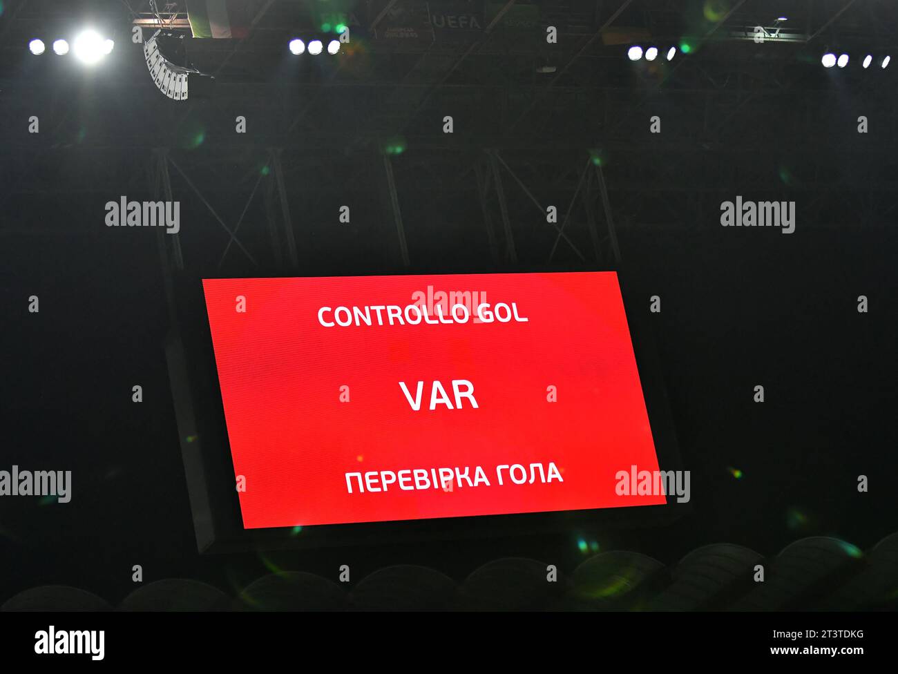 Milan, Italy - September 11, 2023: Message of VAR goal check seen on electronic scoreboard of Stadio San Siro in Milan during the UEFA EURO 2024 Qualifying game Italy v Ukraine Stock Photo