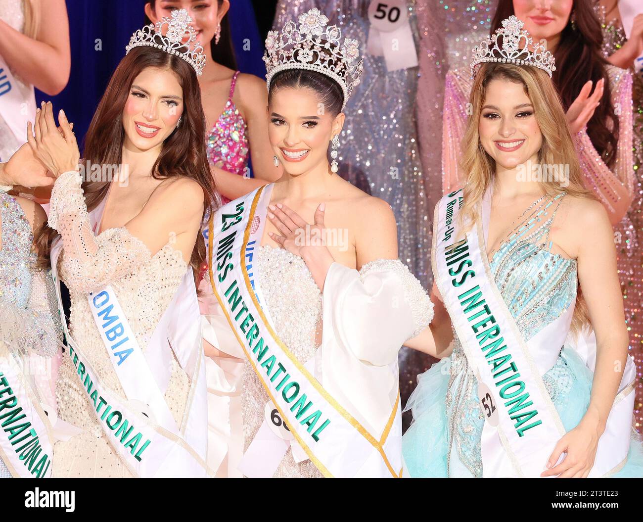 Tokyo, Japan. 26th Oct, 2023. Miss Venezuela Andrea Rubio (C) is crowned as the Miss International 2023 while Miss Colombia Sofia Osio Luna (L) of runner-up and Miss Peru Camilia Diaz Daneri (R) of 2nd runner-up smile at the 61st Miss International beauty pageant in Tokyo on Thursday, October 26, 2023. 70 contestants participaed the annual beauty contests. (photo by Yoshio Tsunoda/AFLO) Stock Photo