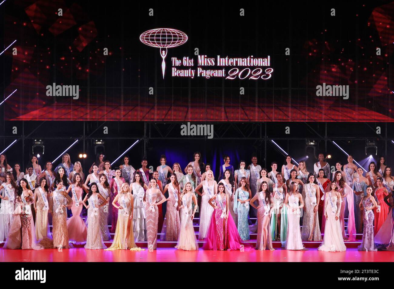 Tokyo, Japan. 26th Oct, 2023. 70 beauties in evening dresses pose at the 61st Miss International beauty pageant in Tokyo on Thursday, October 26, 2023. Miss Venezuela Andrea Rubio is crowned as the Miss International 2023 while Miss Colombia Sofia Osio Luna won runner-up and Miss Peru Camilia Diaz Daneri finished the 2nd runner up. (photo by Yoshio Tsunoda/AFLO) Stock Photo