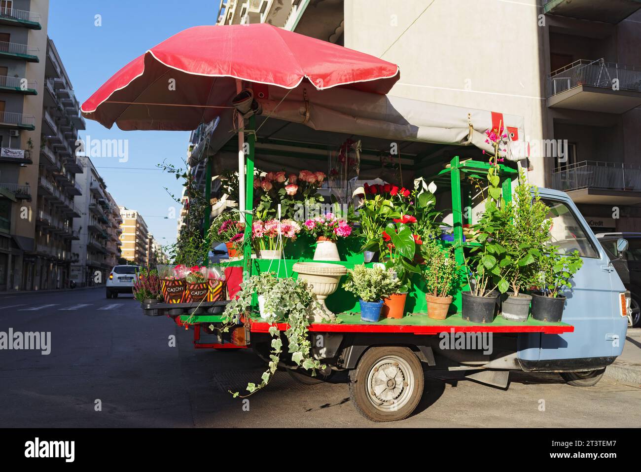 Street plant vendor shown parked on a street in the City of Catania in
