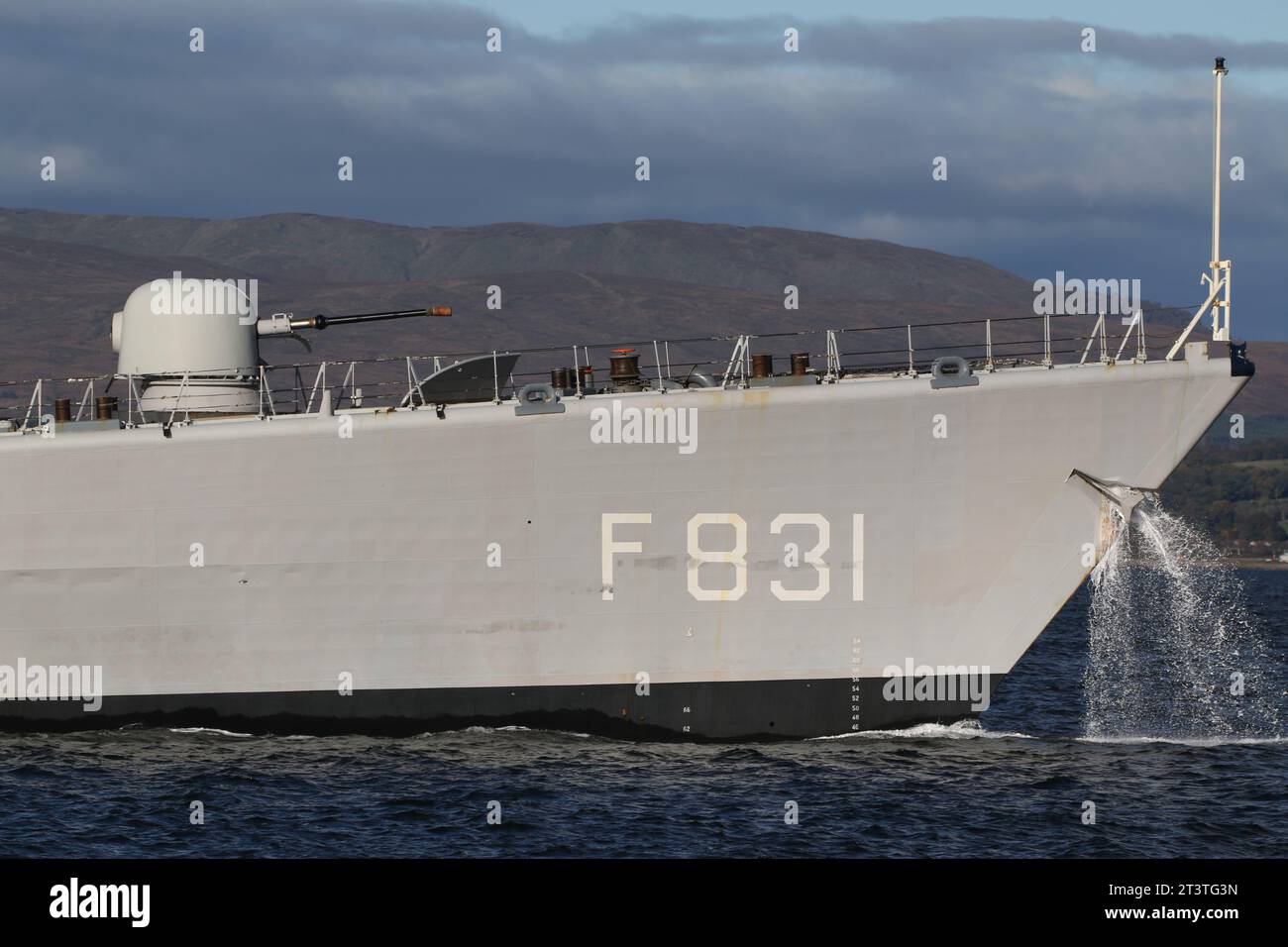 Zr. Ms. Van Amstel (F831), a Karel Doorman-class multi-purpose frigate operated by the Royal Netherlands Navy (Koninklijke Marine), passing Greenock on her arrival for Exercise Joint Warrior 23-2. Stock Photo