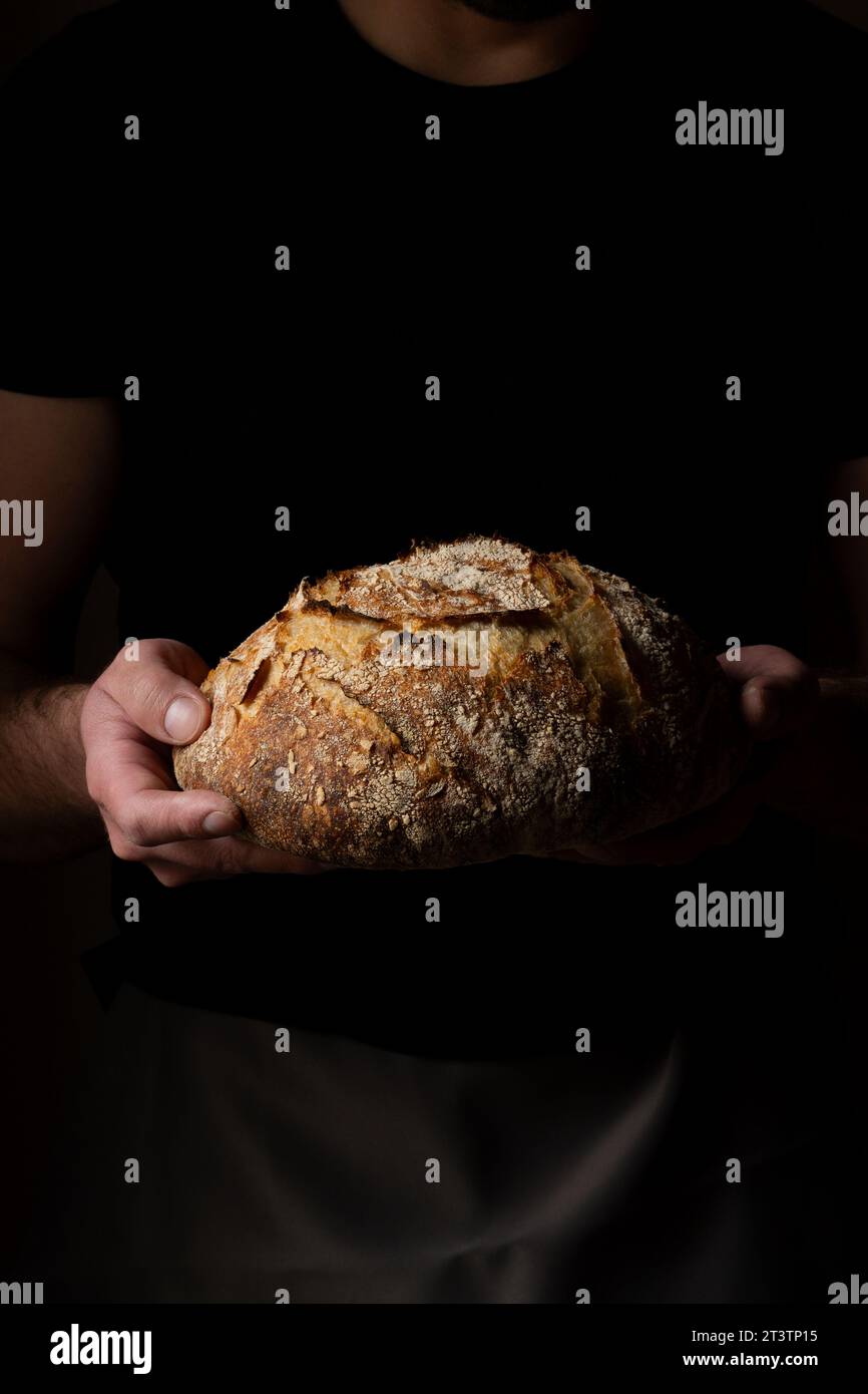 Attractive young Caucasian chef posing with white sourdough bread. The sourdough bread is the central protagonist of the scene, standing out with beau Stock Photo