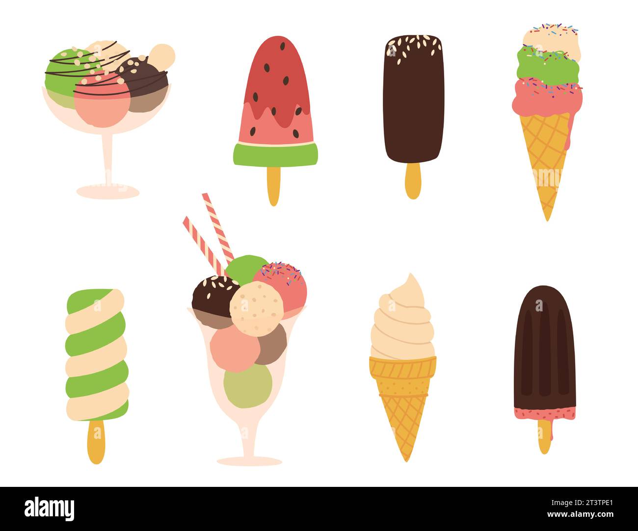 Vector Six Colorful Flat Different Ice Creams Popsicle Cone Sundae