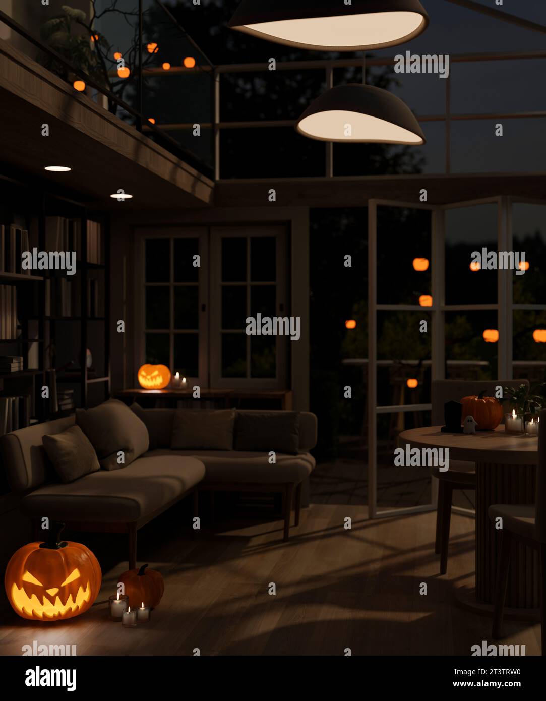 Interior design of a modern dark living room at night in a Halloween ...