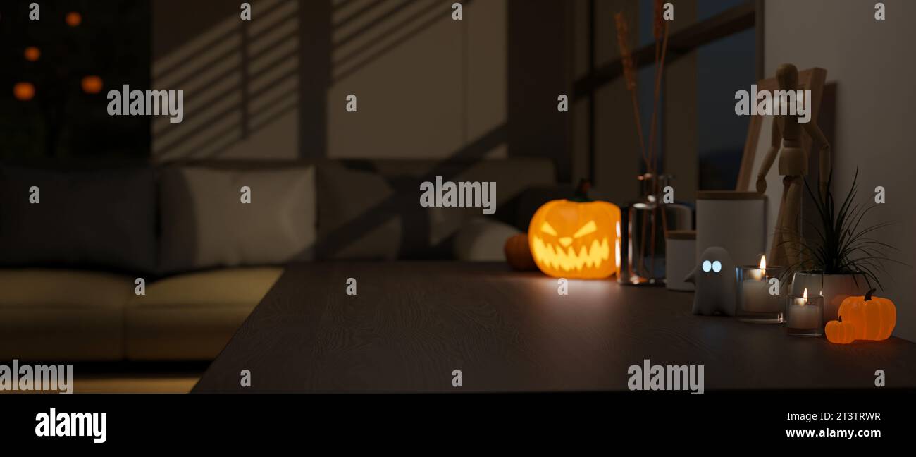 Close-up image of an empty space, candles, a scary pumpkin lamp, and ...