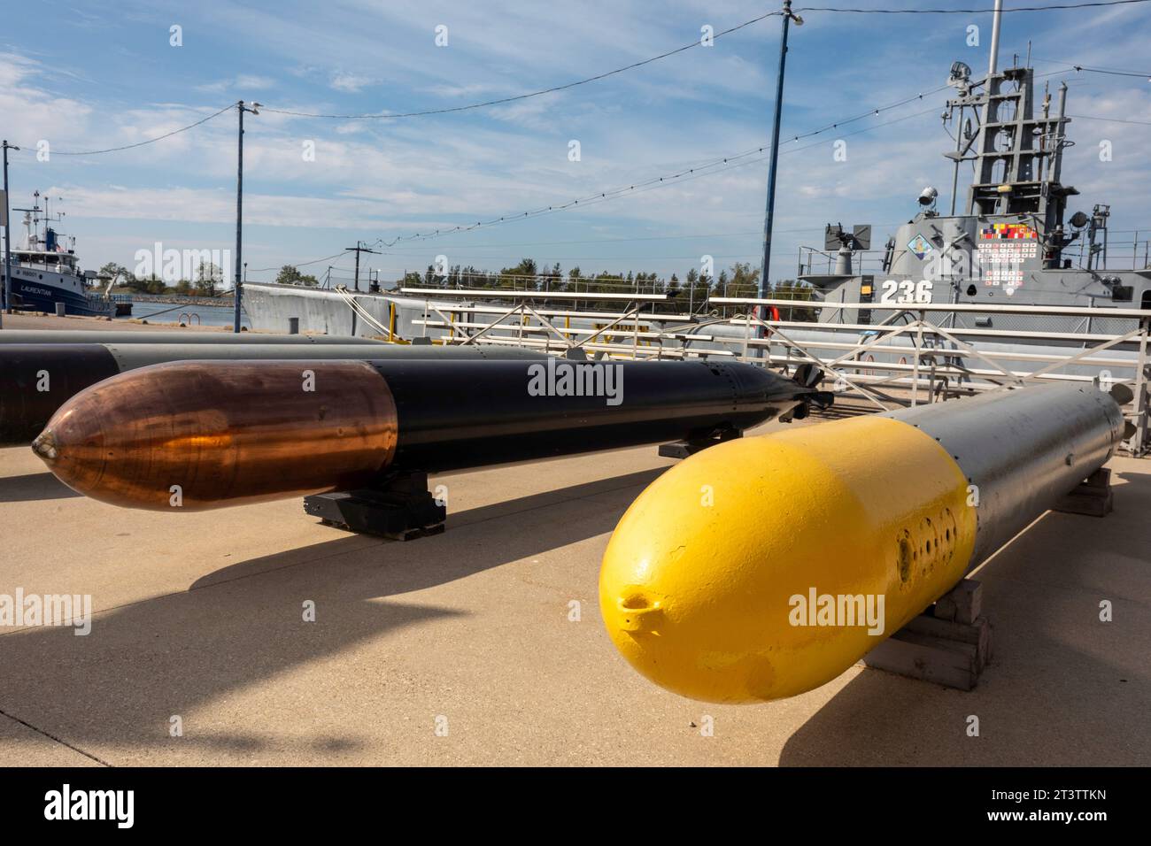 Muskegon, Michigan - Torpedoes on display outside the USS Silversides Submarine Museum. Visitors can tour the museum and walk through the Silversides, Stock Photo