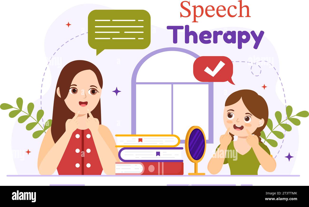 Speech Therapy Vector Illustration with Kids Training Basic Language
