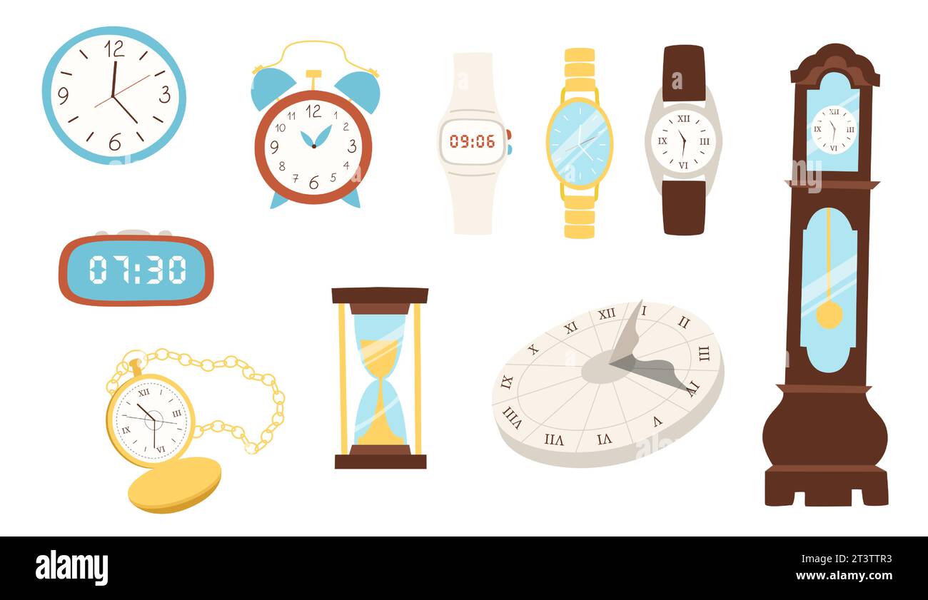 Set of flat clock. Cartoon vintage and digital watches. Wristwatch and hourglass. Home interior time measure tower. Sundial and plastic alarm. Vector Stock Vector