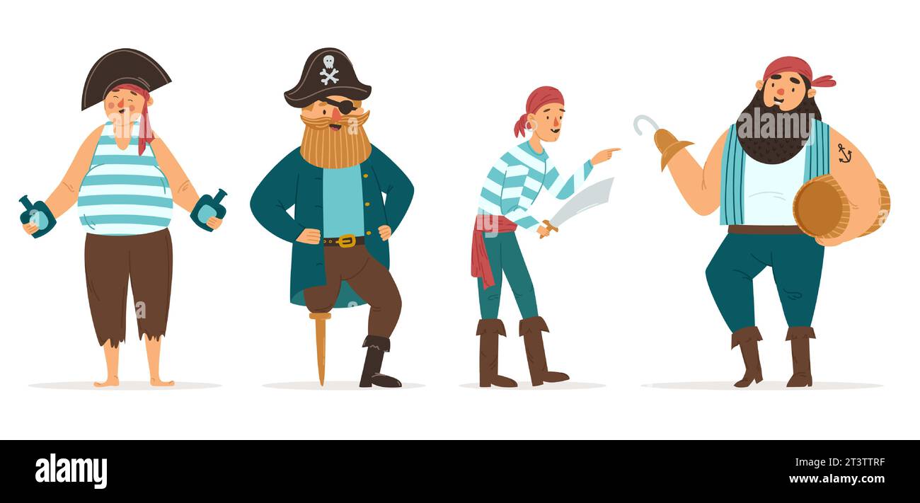 Happy pirates vector set. Four different characters: the captain of the ship, a young cabin boy and two big sailors. Illustration isolated on white Stock Vector