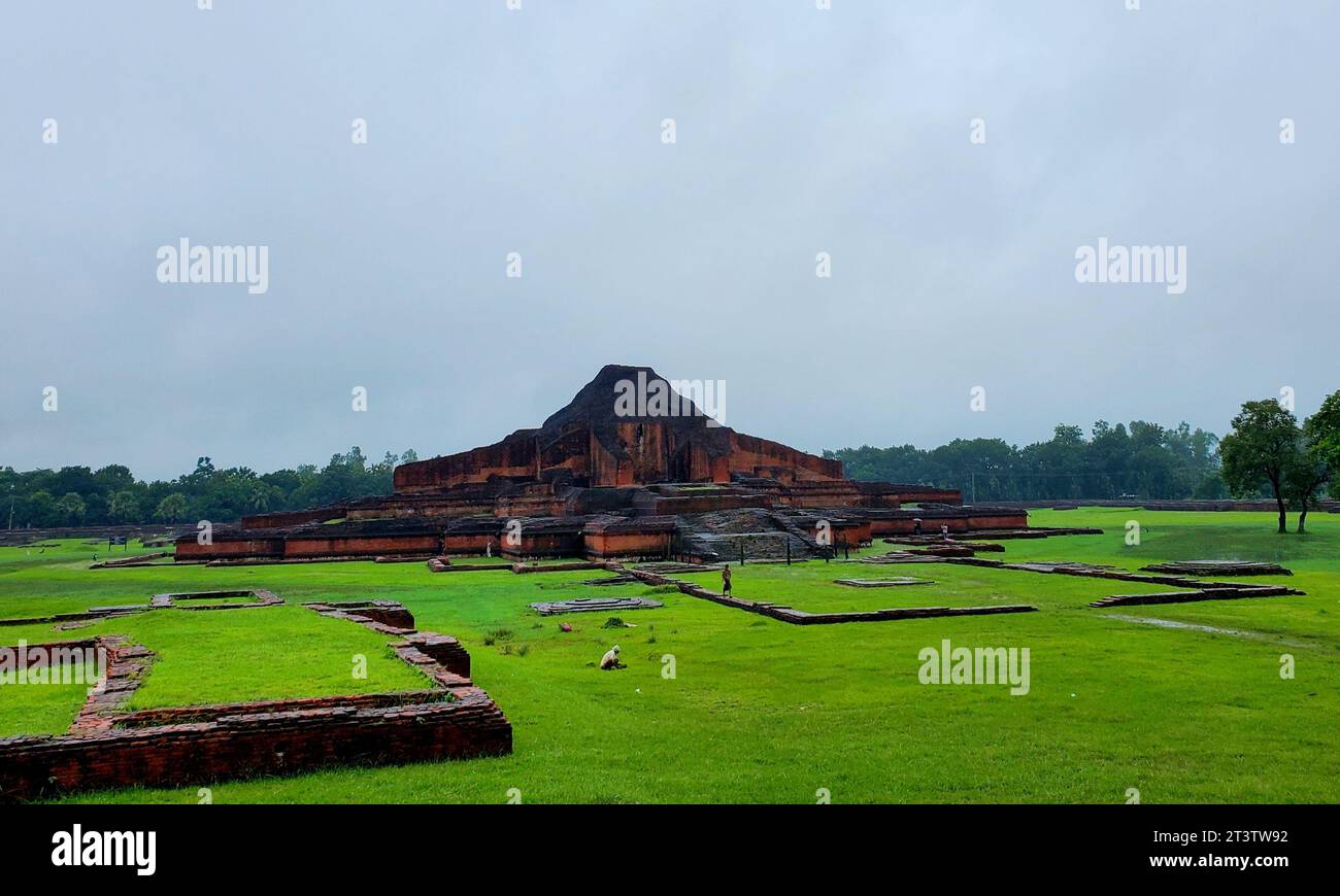 Wide View of Paharpur Buddhist Vihara on Rainy Day | Old Bangladeshi UNESCO Heritage Site of Buddhist History | Ancient Temple Ruin in Noagoan Banglad Stock Photo