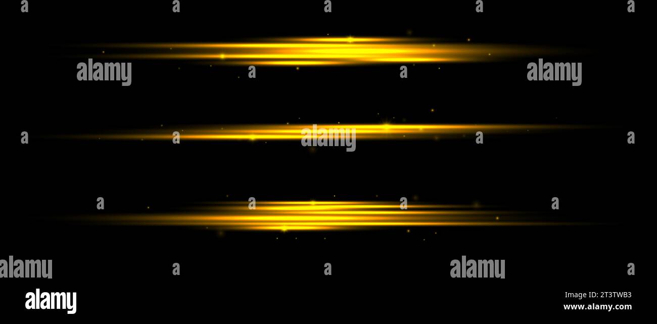 Gold neon divider lines set. Yellow glowing horizontal stripes