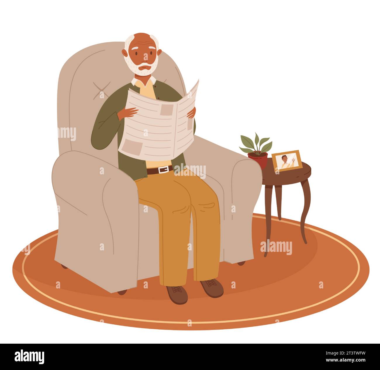 Happy old black-skinned man reading newspaper on the chair. Happy ...