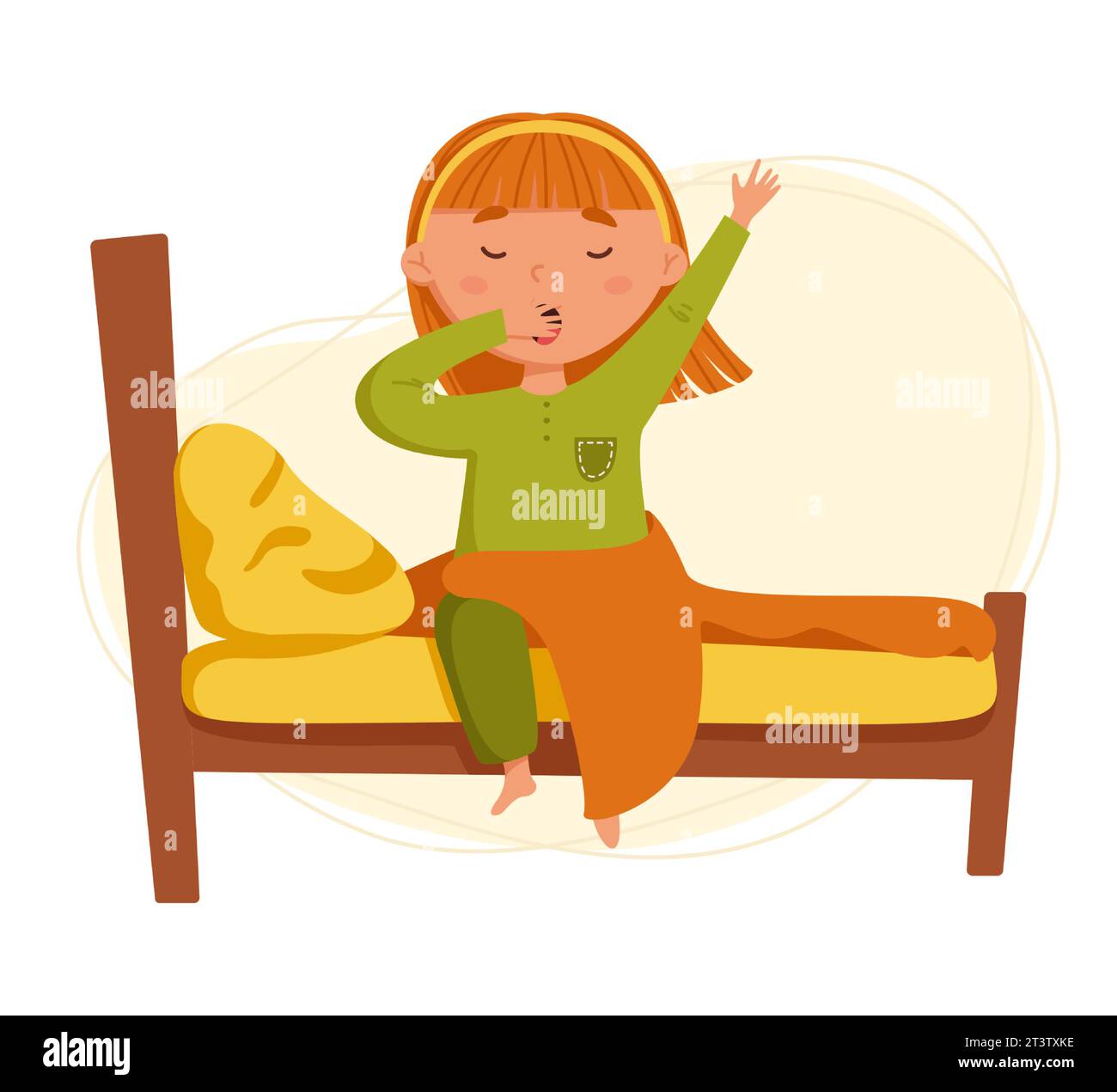A cute happy girl wake up vector illustration. The child wakes up in