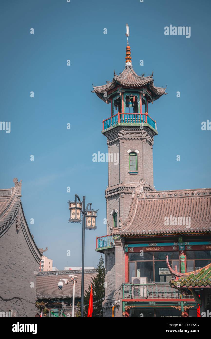 Vertical image of minaret of The Great Mosque of Hohhot (a mosque in Huimin District, Hohhot, Inner Mongolia, China. It is the oldest and largest mosq Stock Photo