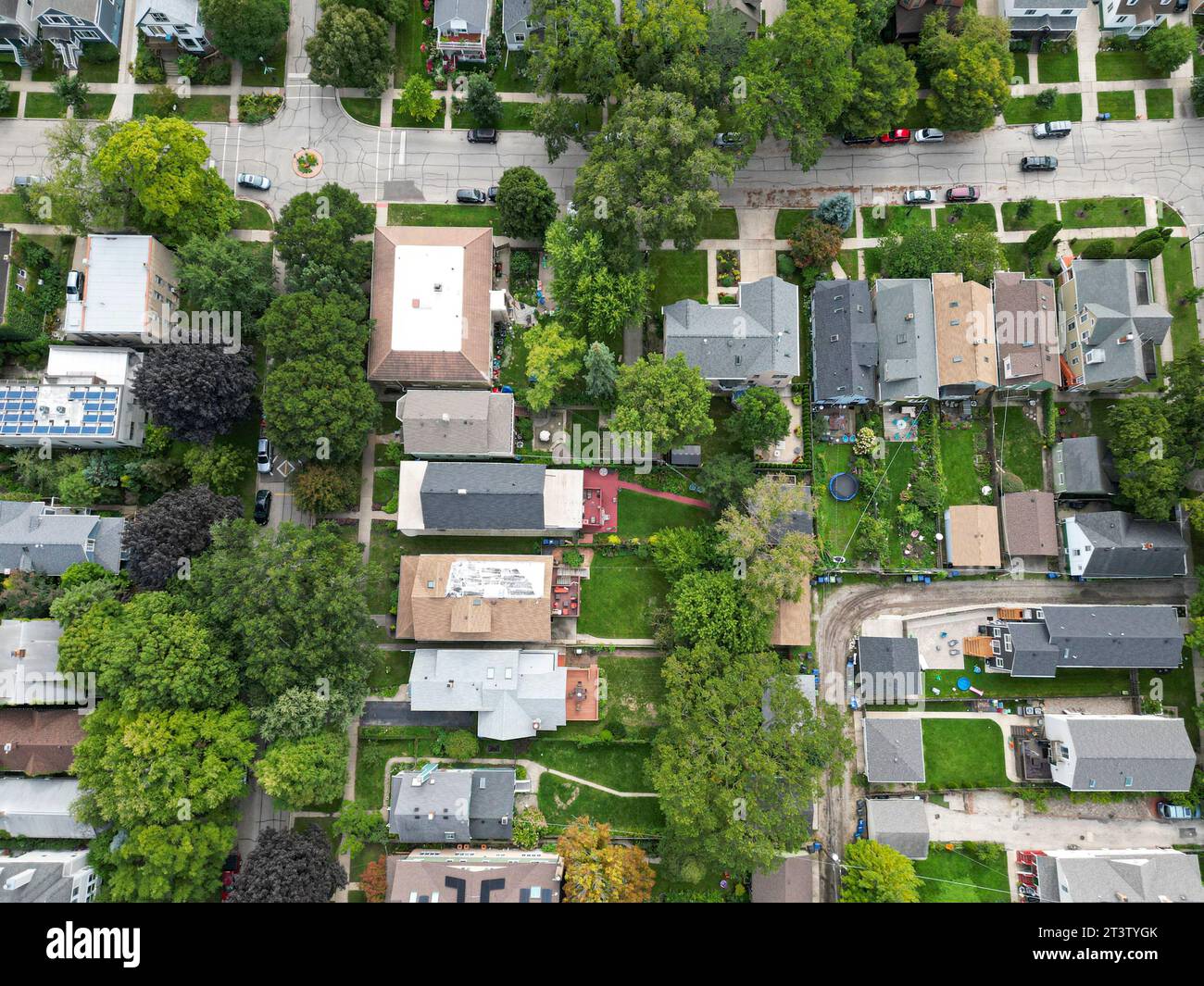 suburban street, streets, sky, colorful, aerial view, drone, nobody, coast, green, outdoors, tree, grass, beautiful, suburban, park, midwest, building Stock Photo