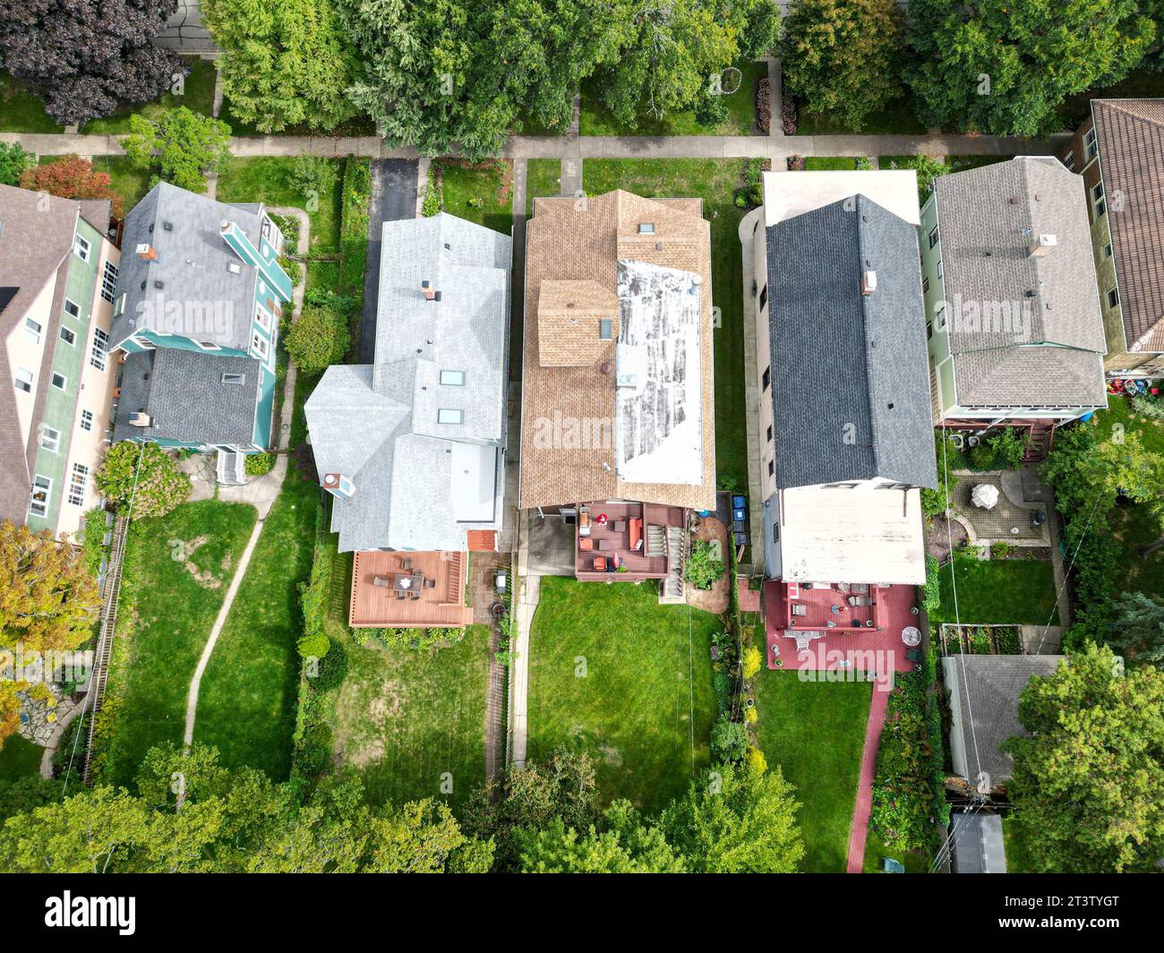 suburban street, streets, sky, colorful, aerial view, drone, nobody, coast, green, outdoors, tree, grass, beautiful, suburban, park, midwest, building Stock Photo