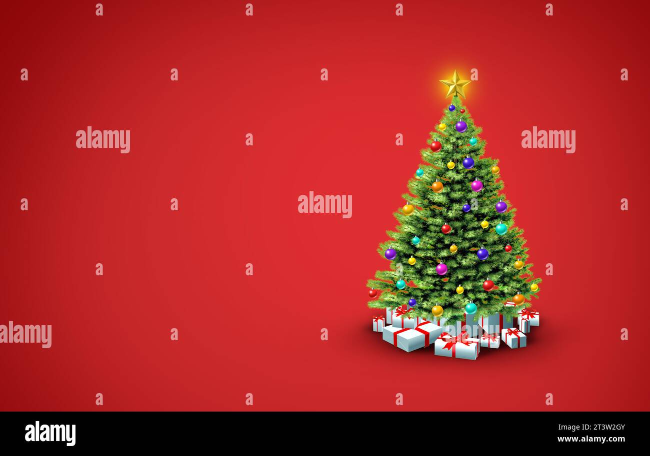 Green Christmas Tree On A red Background as a Happy New Year with decorations and boxes of gifts as a 3D illustration. Stock Photo