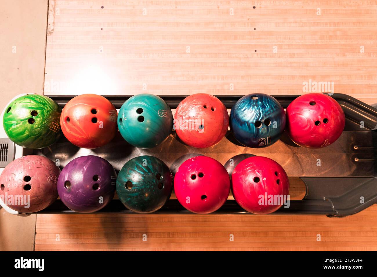 Top view colourful bowling balls Stock Photo
