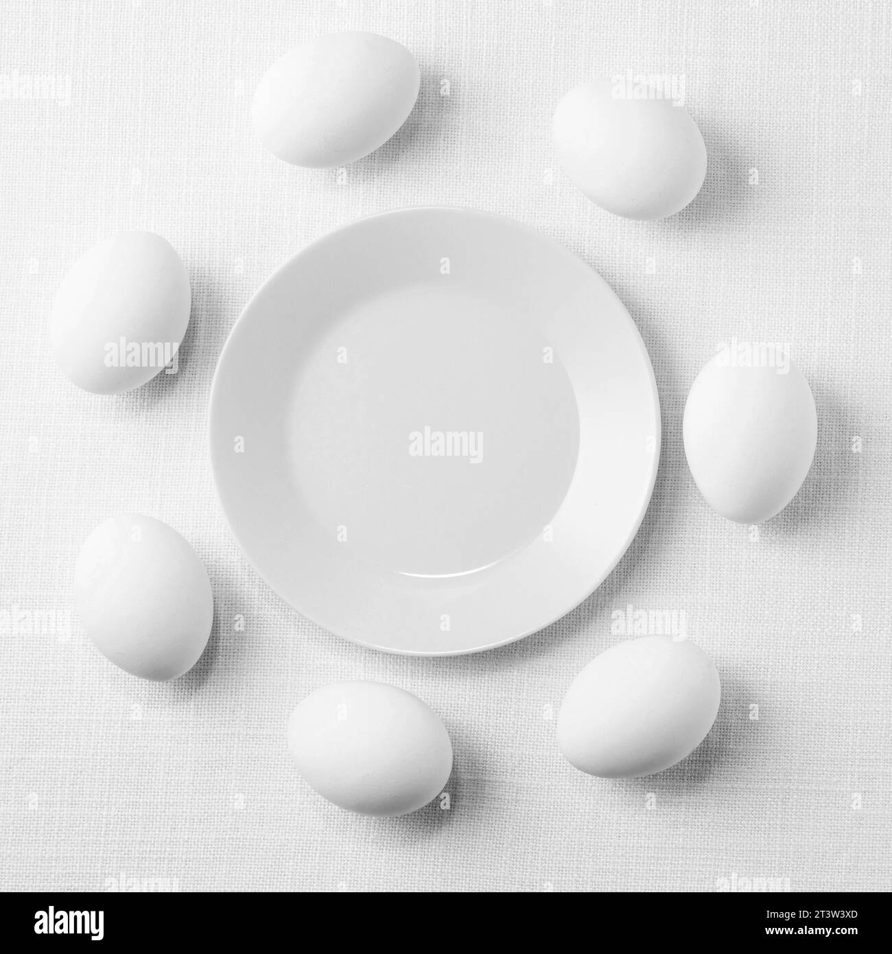 Top view white chicken eggs table with plate Stock Photo