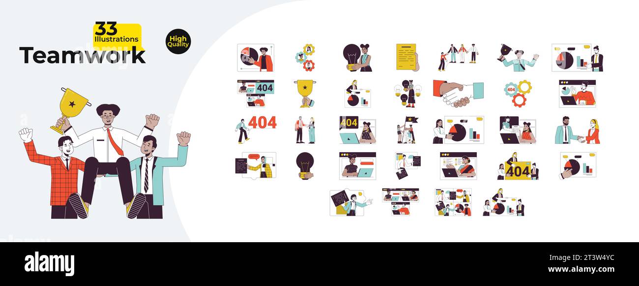 Teamwork office diverse 2D linear illustration concept bundle Stock Vector
