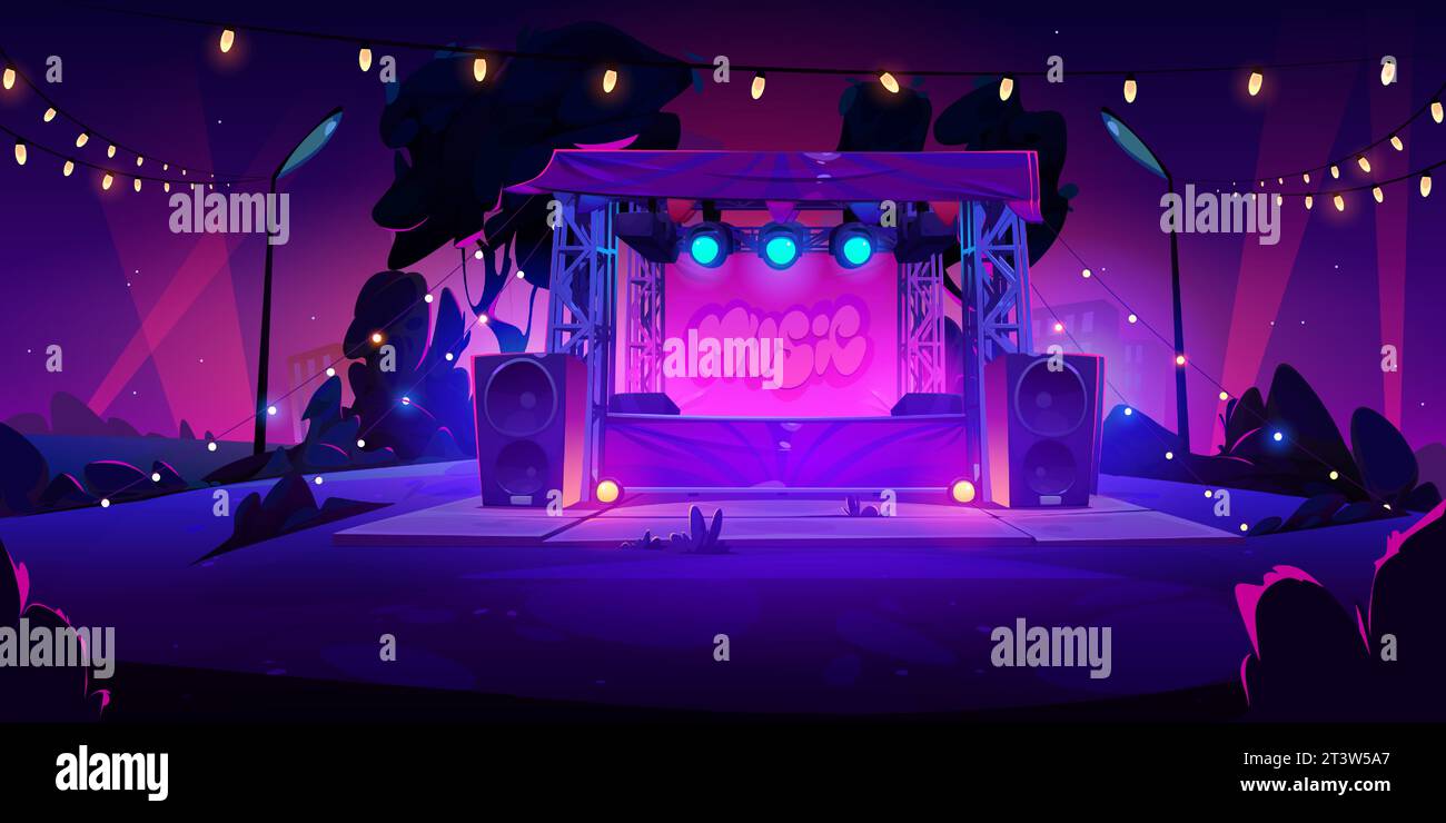 Open air music festival stage with speakers and spotlights at night. Cartoon vector illustration of summer dusk public city park landscape with empty musician performance scene with glowing lamps. Stock Vector