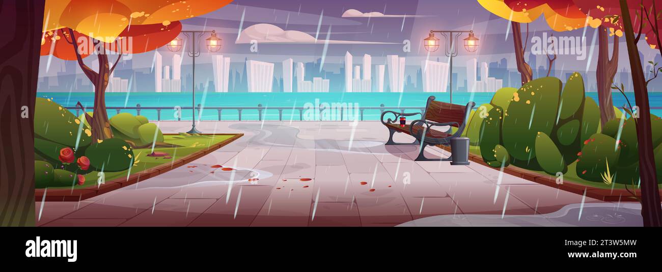 Rain on autumn city promenade with bench in riverside park. Vector cartoon illustration of gloomy public garden with yellow foliage on trees, puddles on road, modern cityscape on horizon, cloudy sky Stock Vector