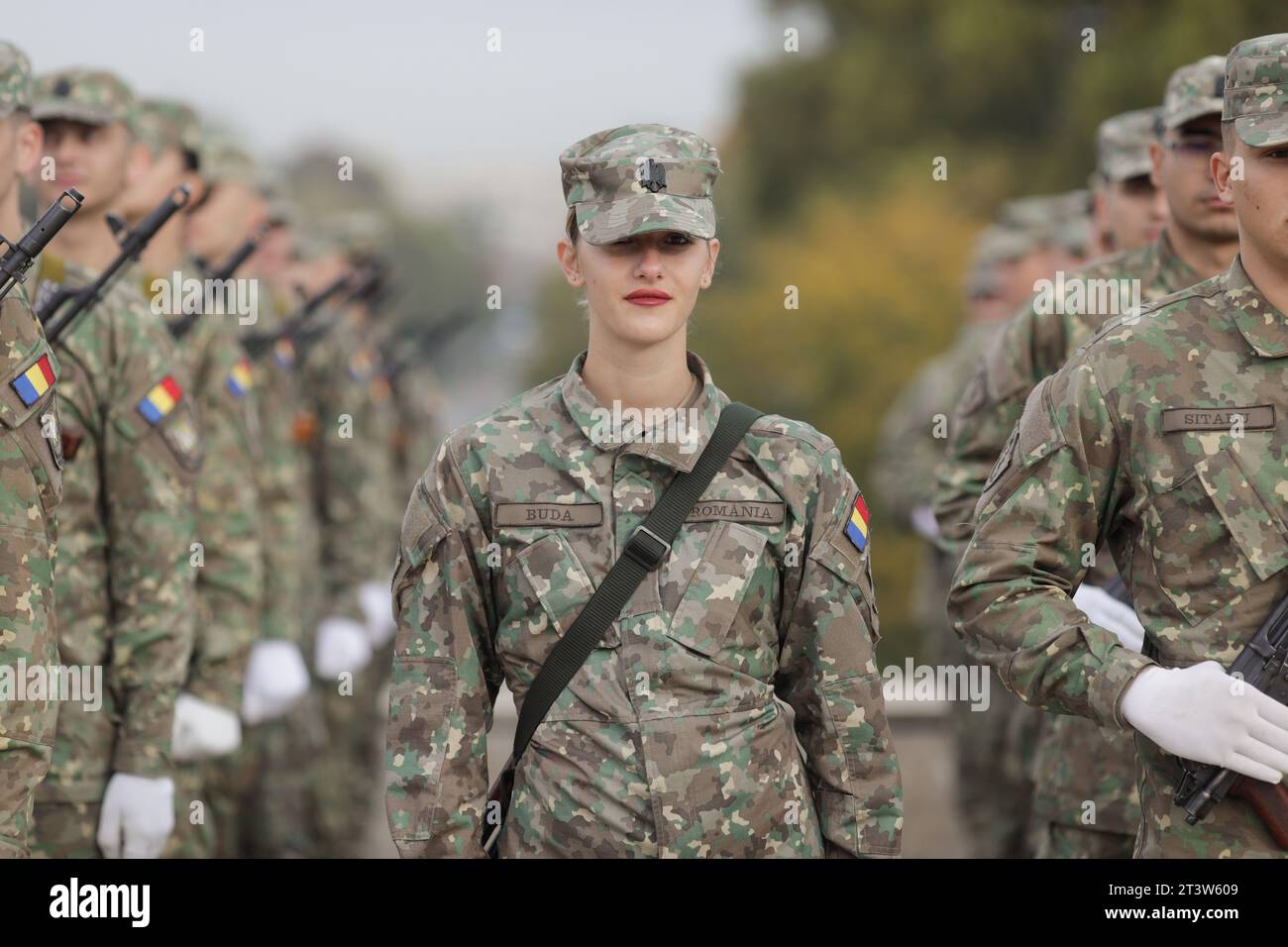 Bucharest, Romania - October 25, 2023: Romanian young female cadet at a Romanian Army Day celebration event. Stock Photo