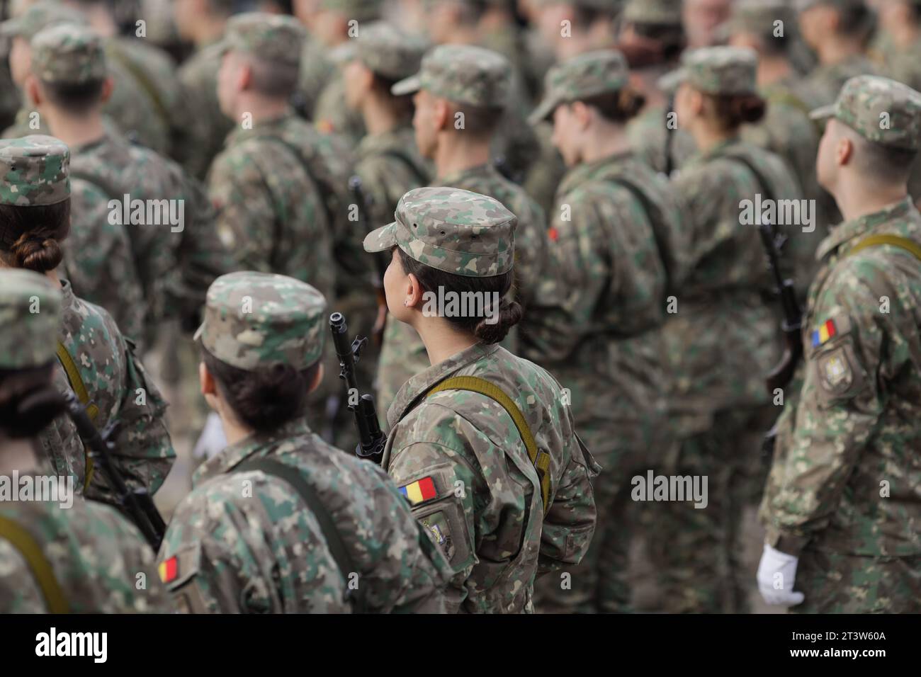 Bucharest, Romania - October 25, 2023: Romanian young female cadet at a Romanian Army Day celebration event. Stock Photo