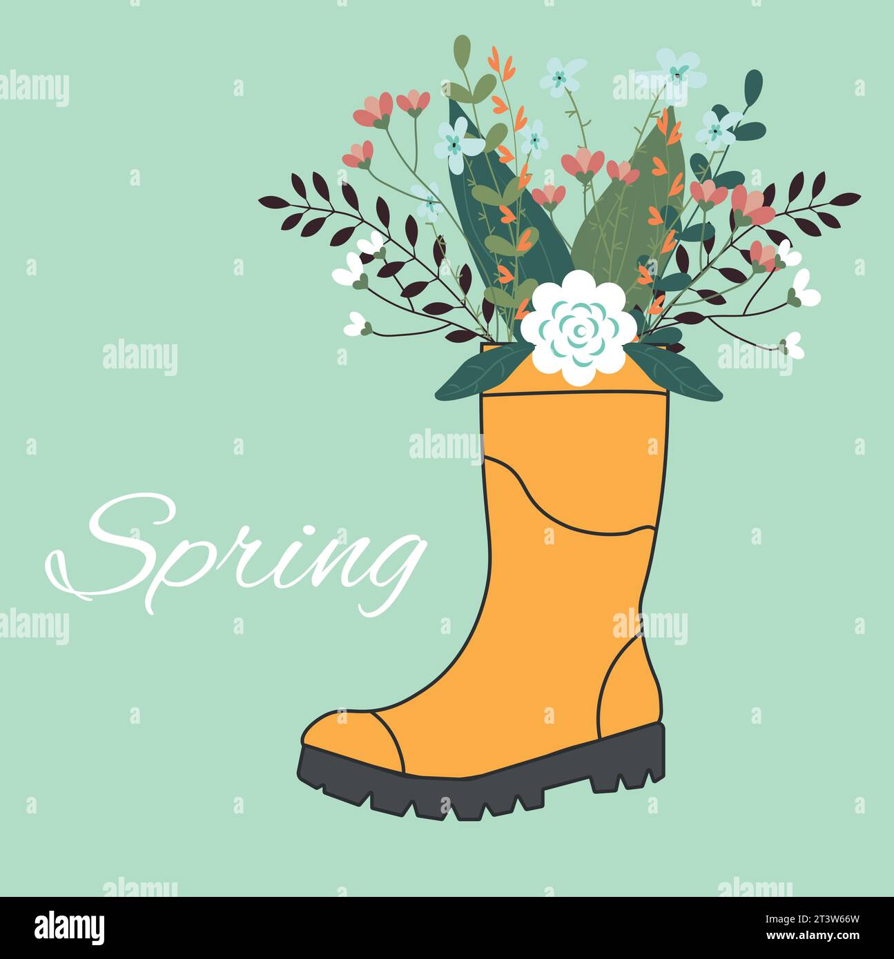 Cute bouquet in yellow rubber boots. Gardening boot with flowers ...