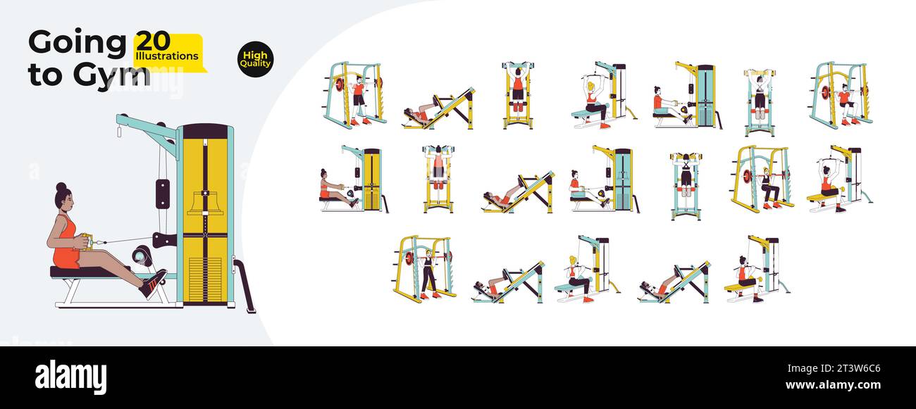 Workout gym people line cartoon flat illustration bundle Stock Vector ...