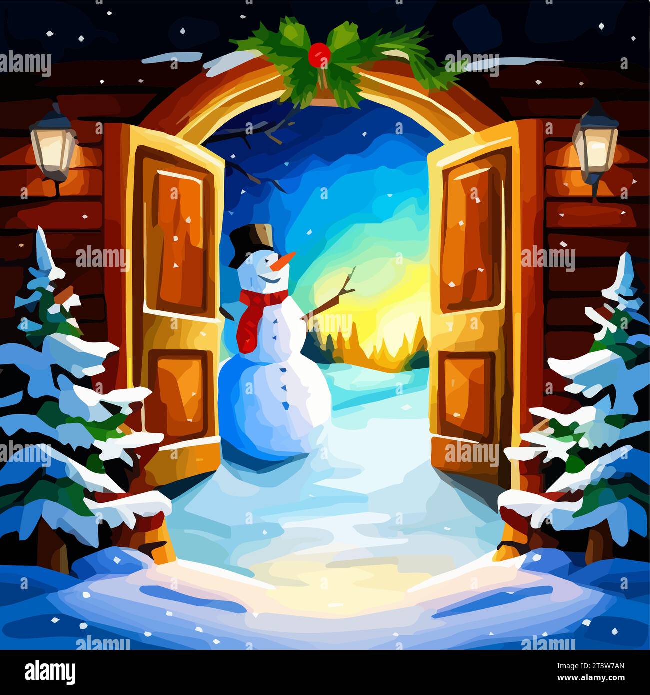 New Year, Christmas postcard. door decorated with a garland next to ...
