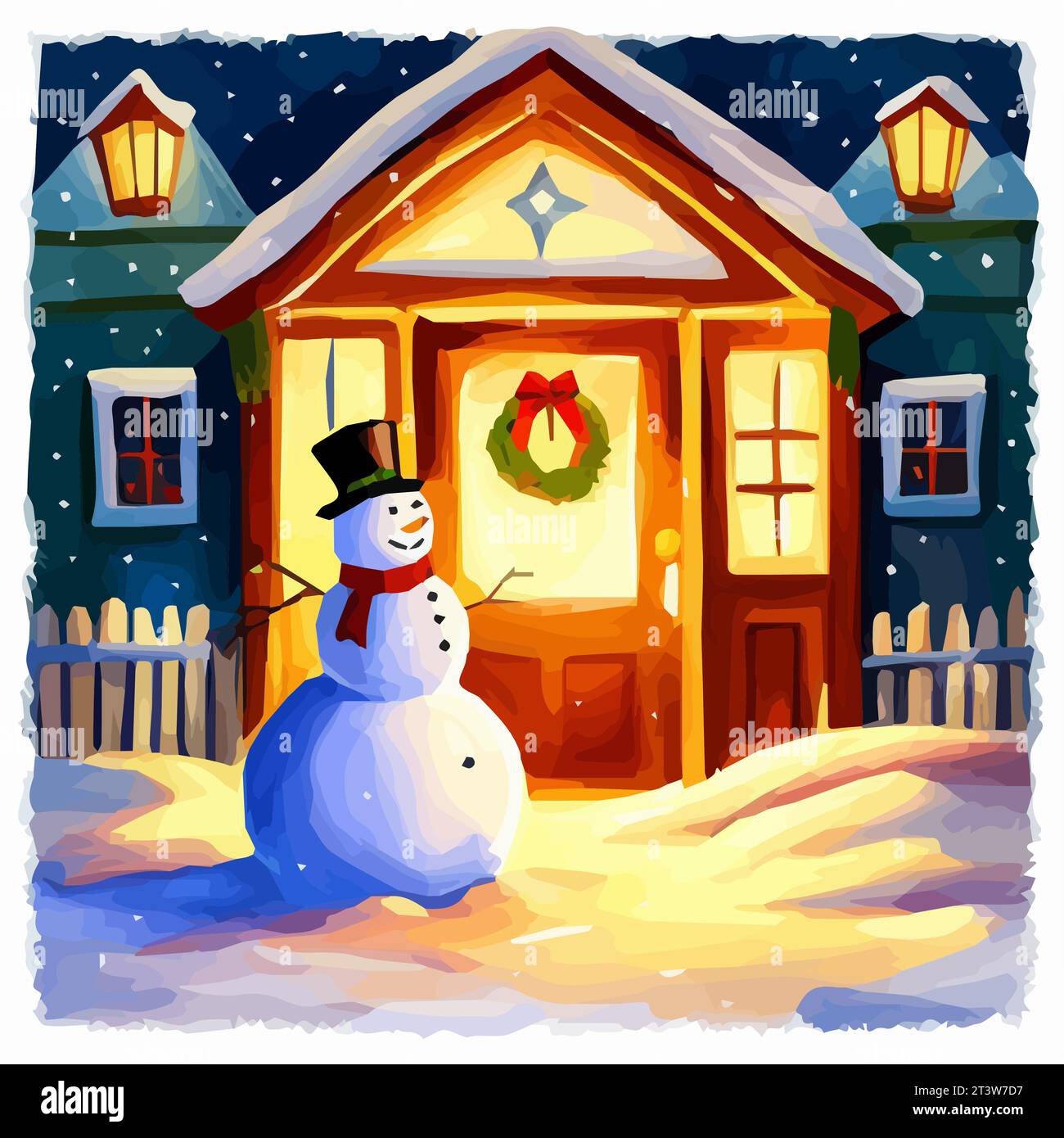 New Year, Christmas postcard. door decorated with a garland next to Funny snowman. vector illustration Stock Vector