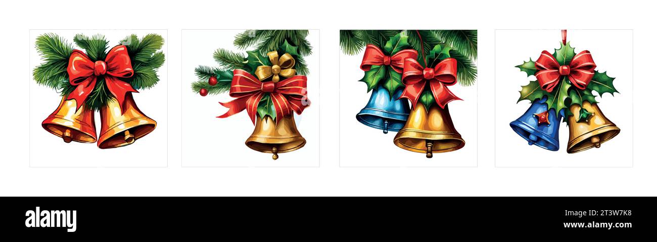 Christmas Decoration Golden metal bell with red bow isolated on a white ...