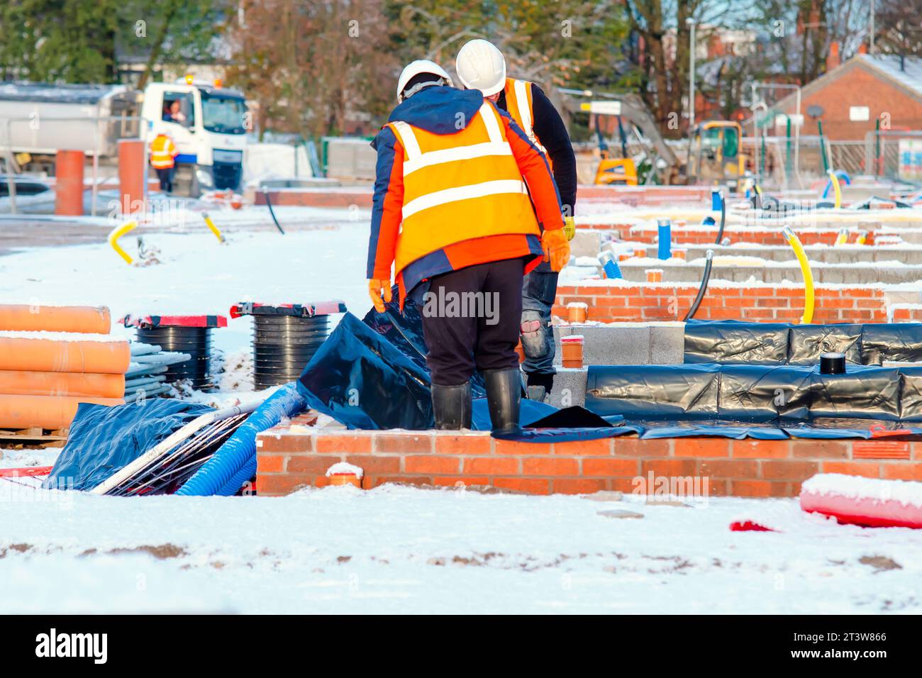 Ground floor waterproofing membrane installation on new house Stock Photo