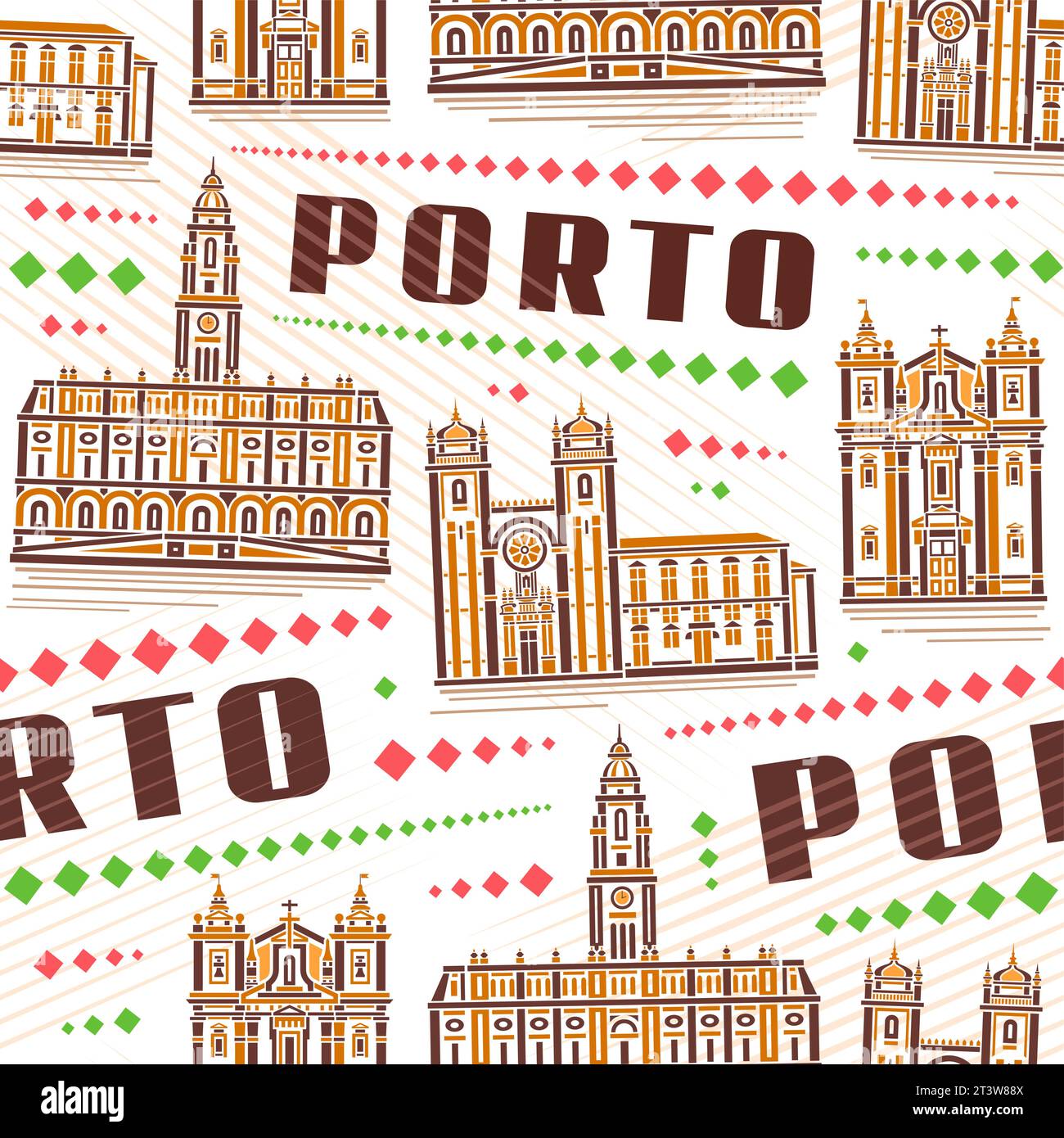 Vector Porto Seamless Pattern, repeat background with illustration of famous historical porto city scape on white background for wrapping paper, decor Stock Vector