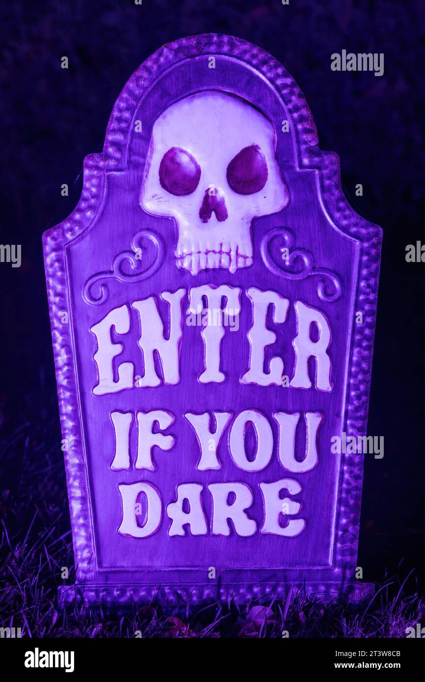 Halloween Purple Tombstone Decorating Yard at Night Stock Photo