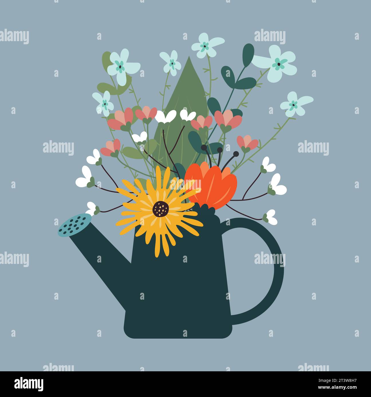 Watering can for flowers with a bouquet. Spring time. Flat style ...