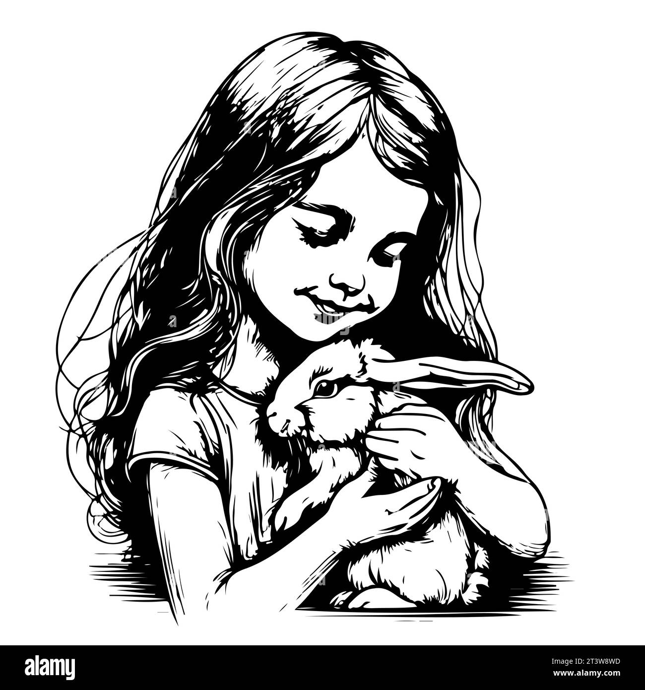 sketch hand drawn Happy Easter. Girl with a rabbit in hands. on a white background Stock Vector