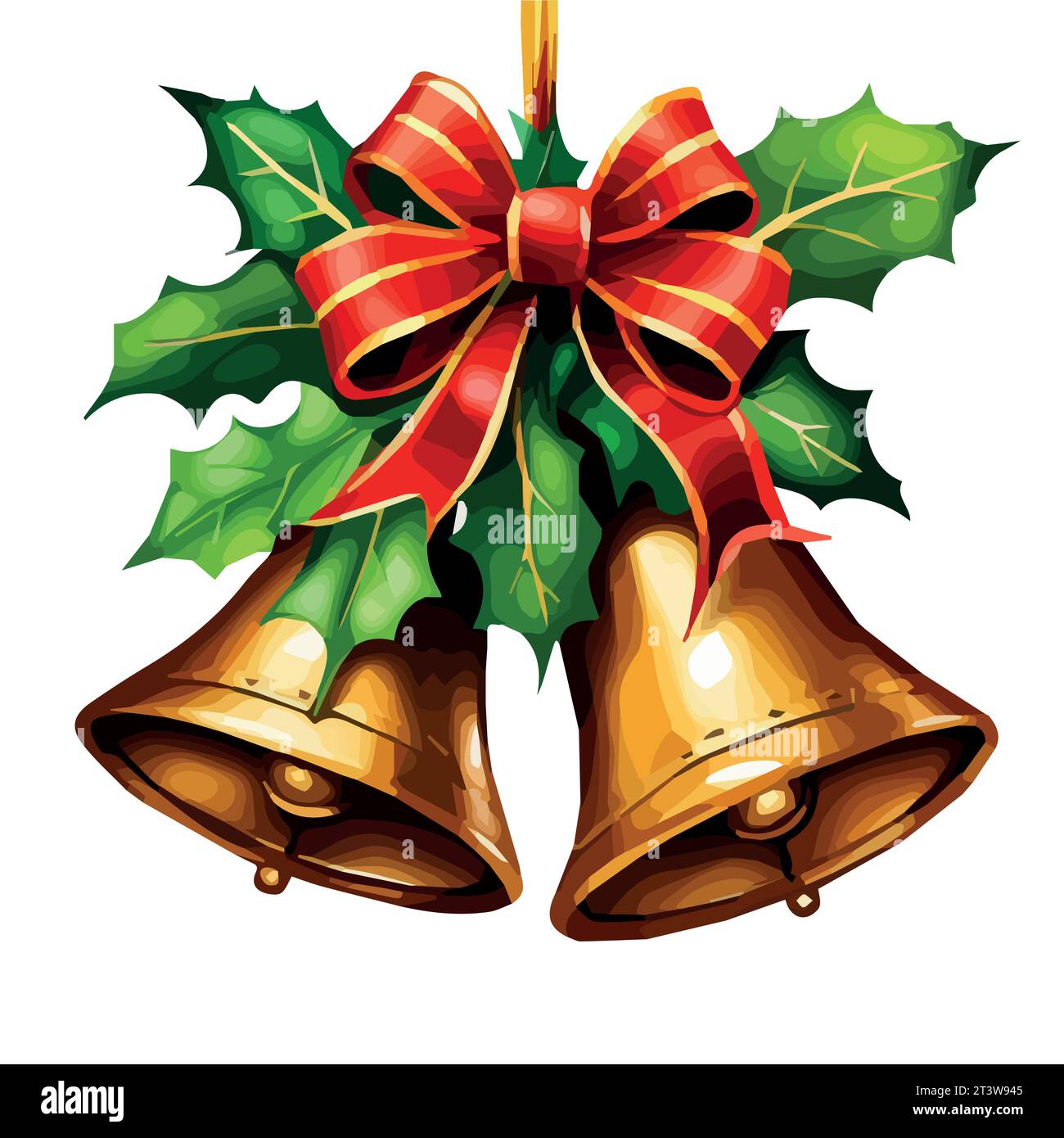 gold Jingle bells with red bow, firry, and holly leaves and berries. vector illustration.The