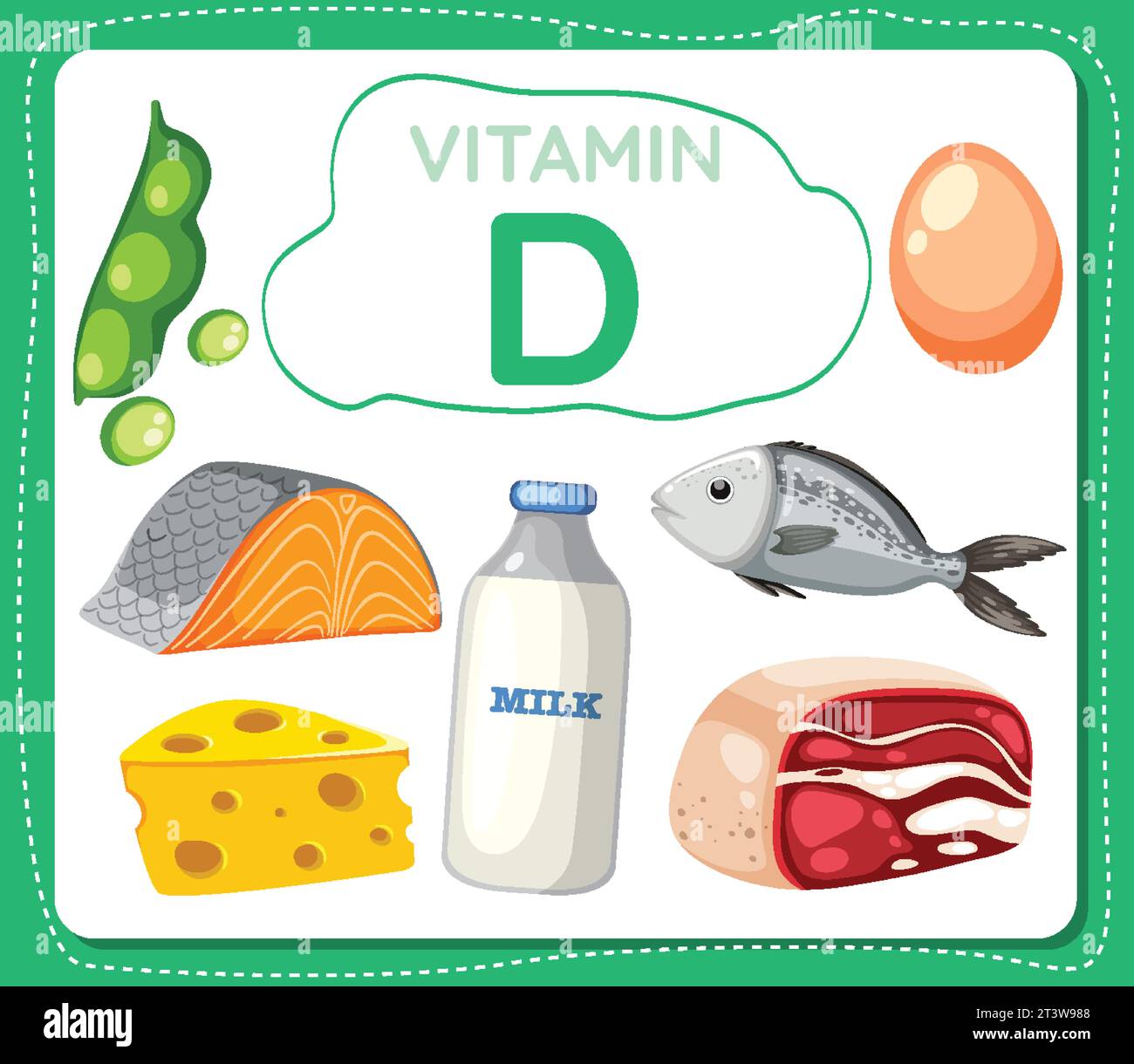 Colorful cartoon illustration of a banner with Vitamin D icon and various fruits and vegetables containing Vitamin D Stock Vector