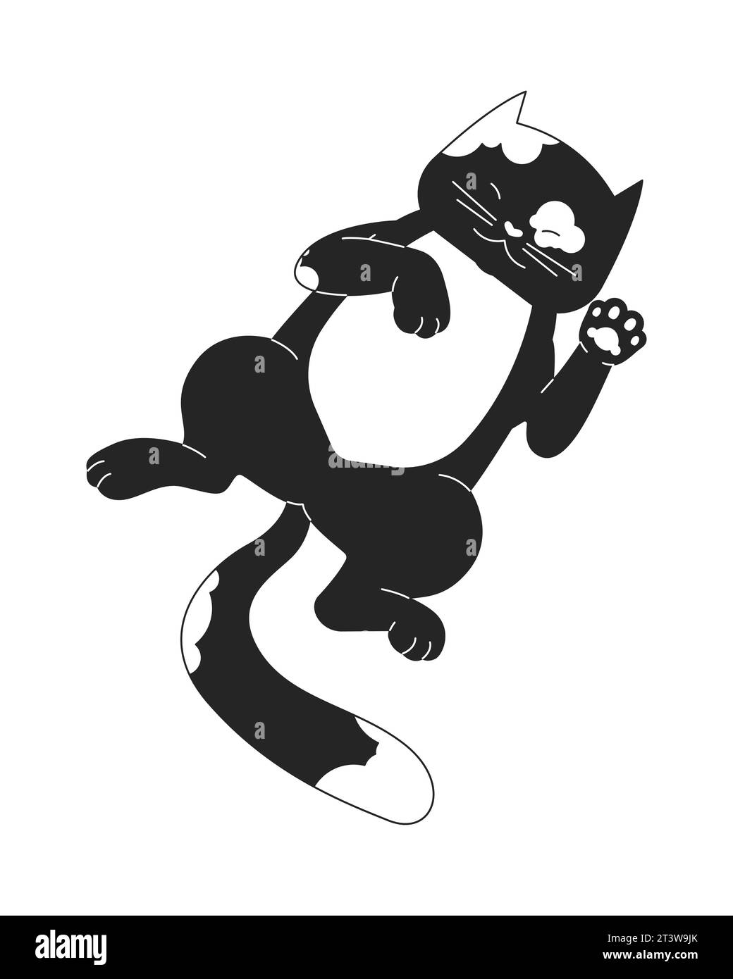 Spotted domestic cat laying down on back black and white 2D line