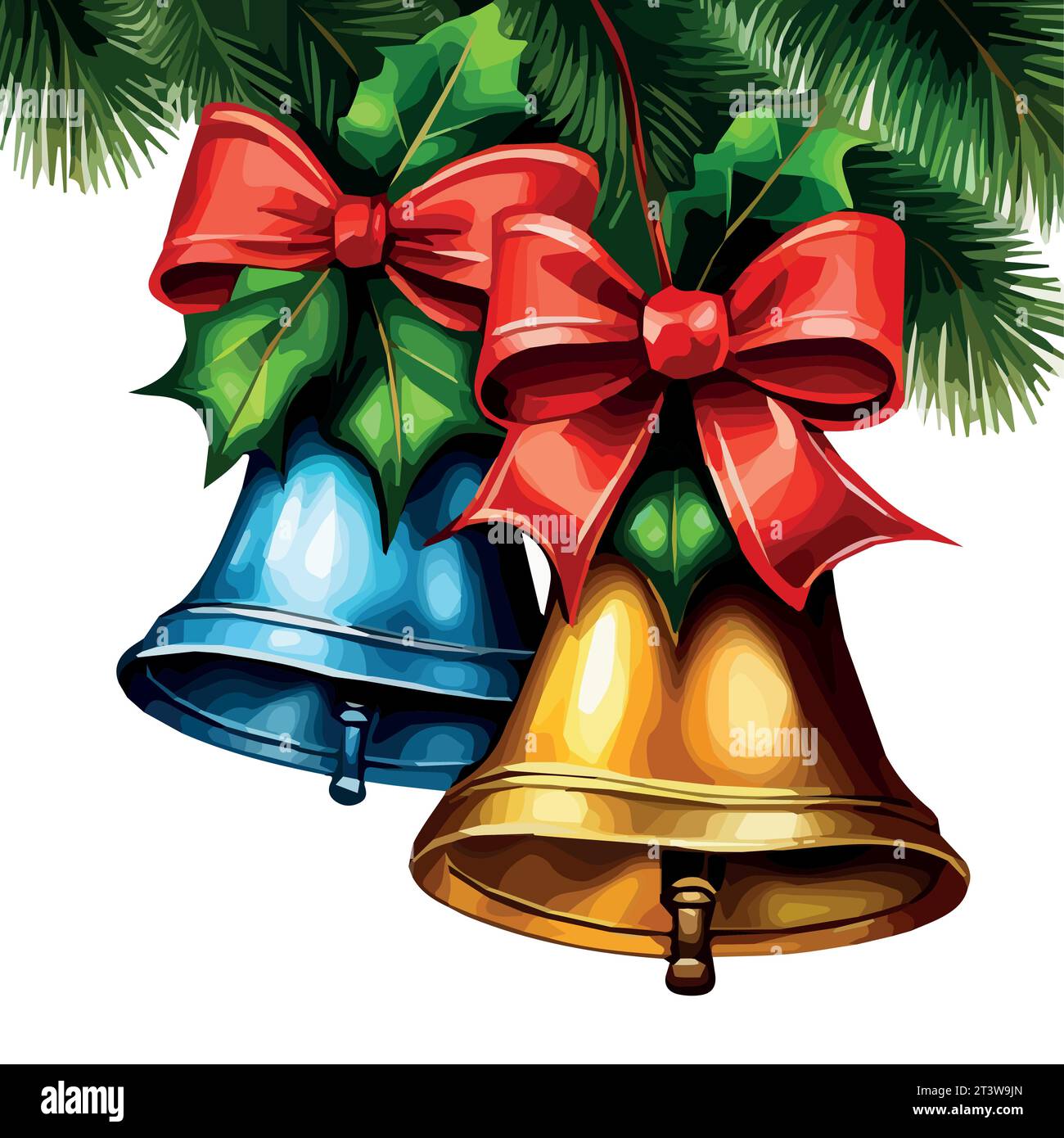 gold Jingle bells with red bow, firry, and holly leaves and berries ...