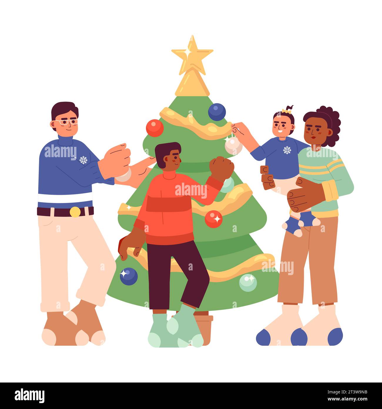 Diverse family christmas tree decorating cartoon flat illustration ...