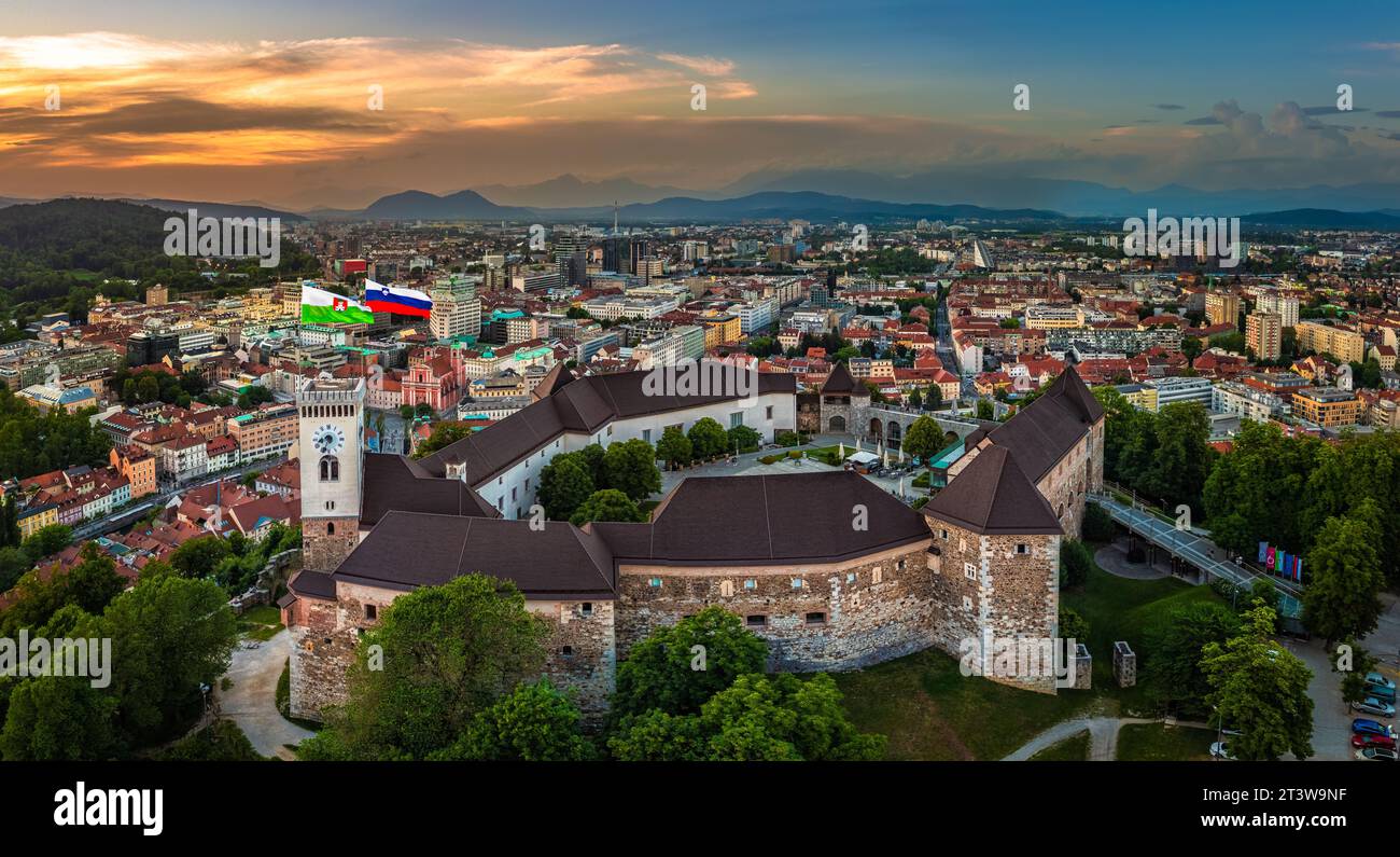 Ljubljana, Slovenia - Aerial panoramic view of Ljubljana castle on a summer afternoon with Franciscan Church of the Annunciation, Ljubljana Cathedral Stock Photo