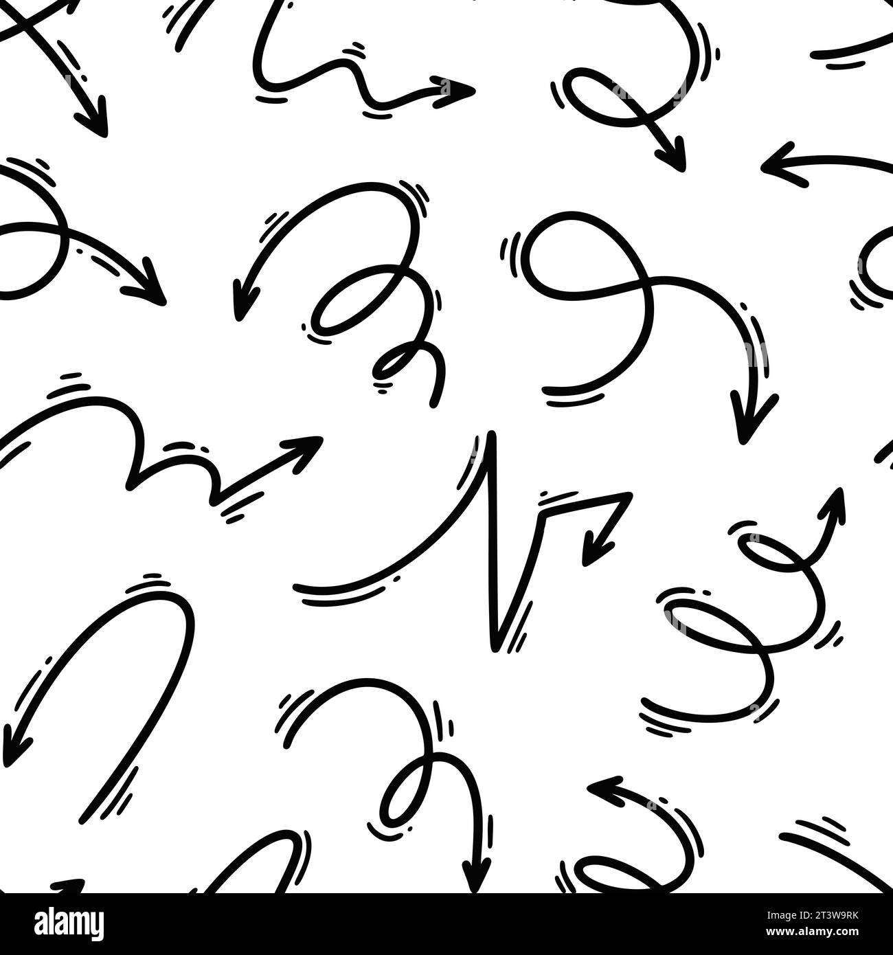 Doodle arrow seamless pattern. Squiggle, scribble, swoosh, swirl drawing. Vector illustration with manga and carton style design elements. Trendy chil Stock Vector