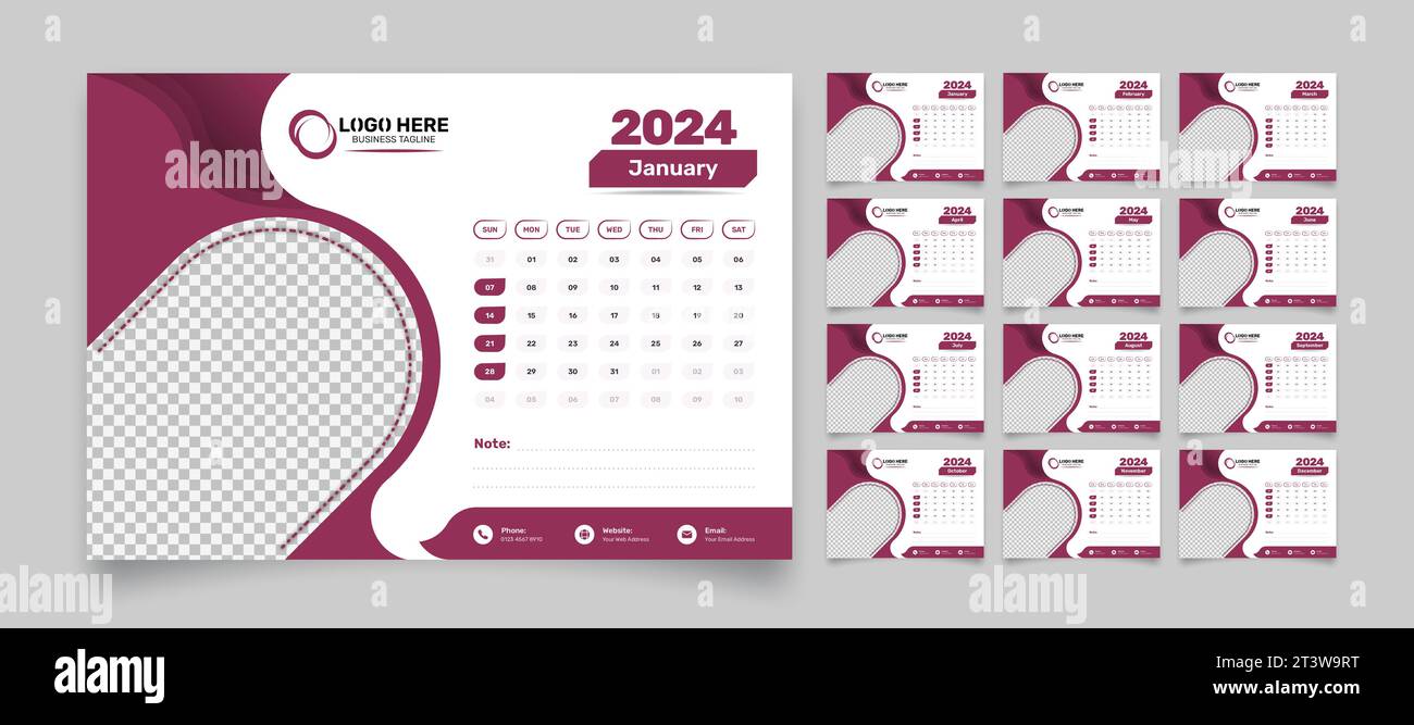Minimalist desk calendar template for 2024 with 12 months date format ...