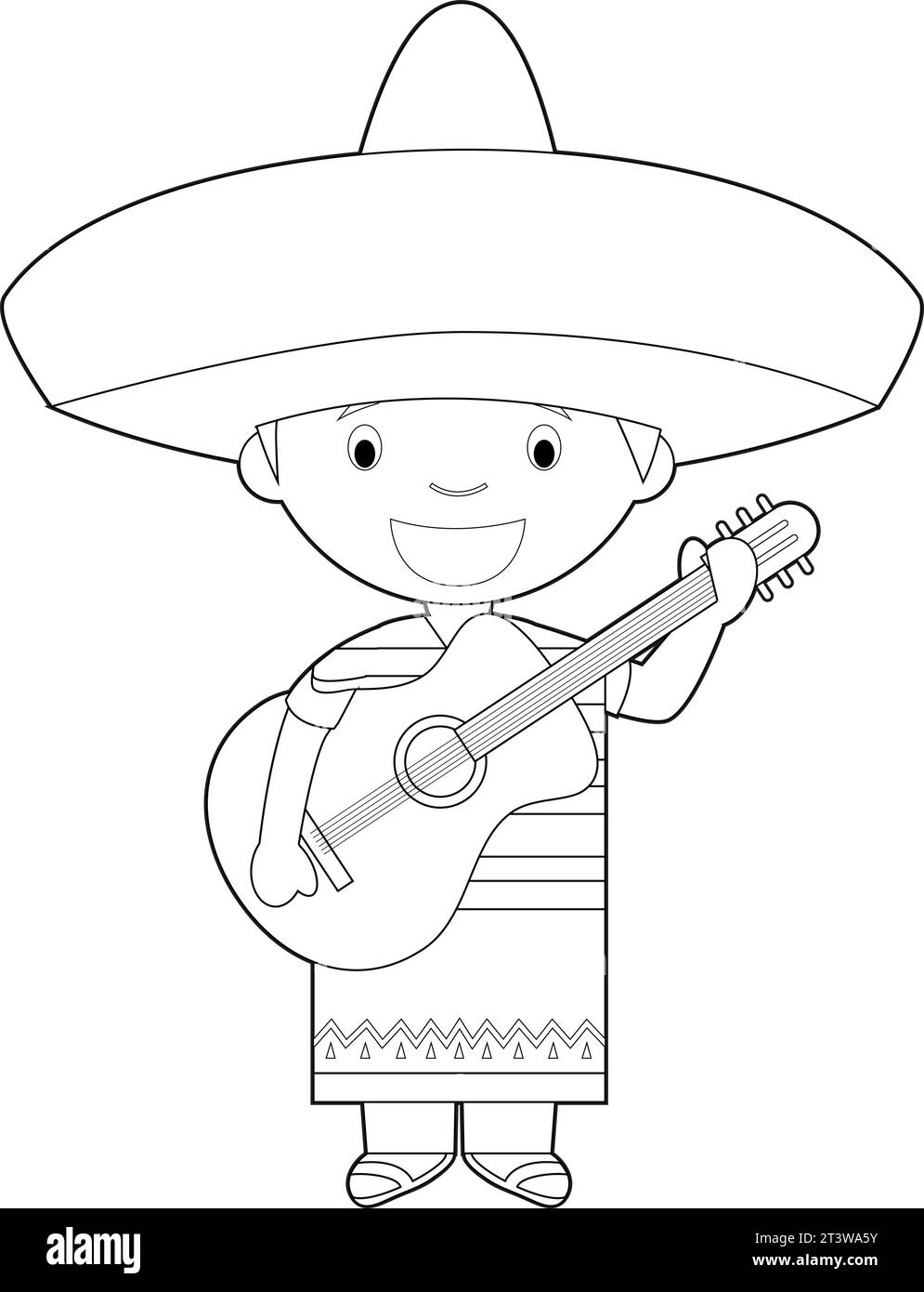 Easy coloring cartoon character from Mexico dressed in the traditional mariachi singer way with guitar. Vector Illustration. Stock Vector