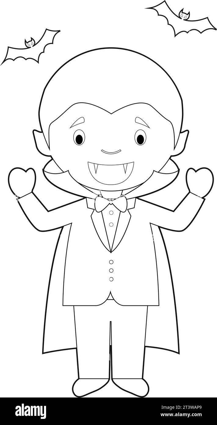 Easy coloring cartoon character from Romania dressed as a vampire of Transilvania. Vector Illustration. Stock Vector