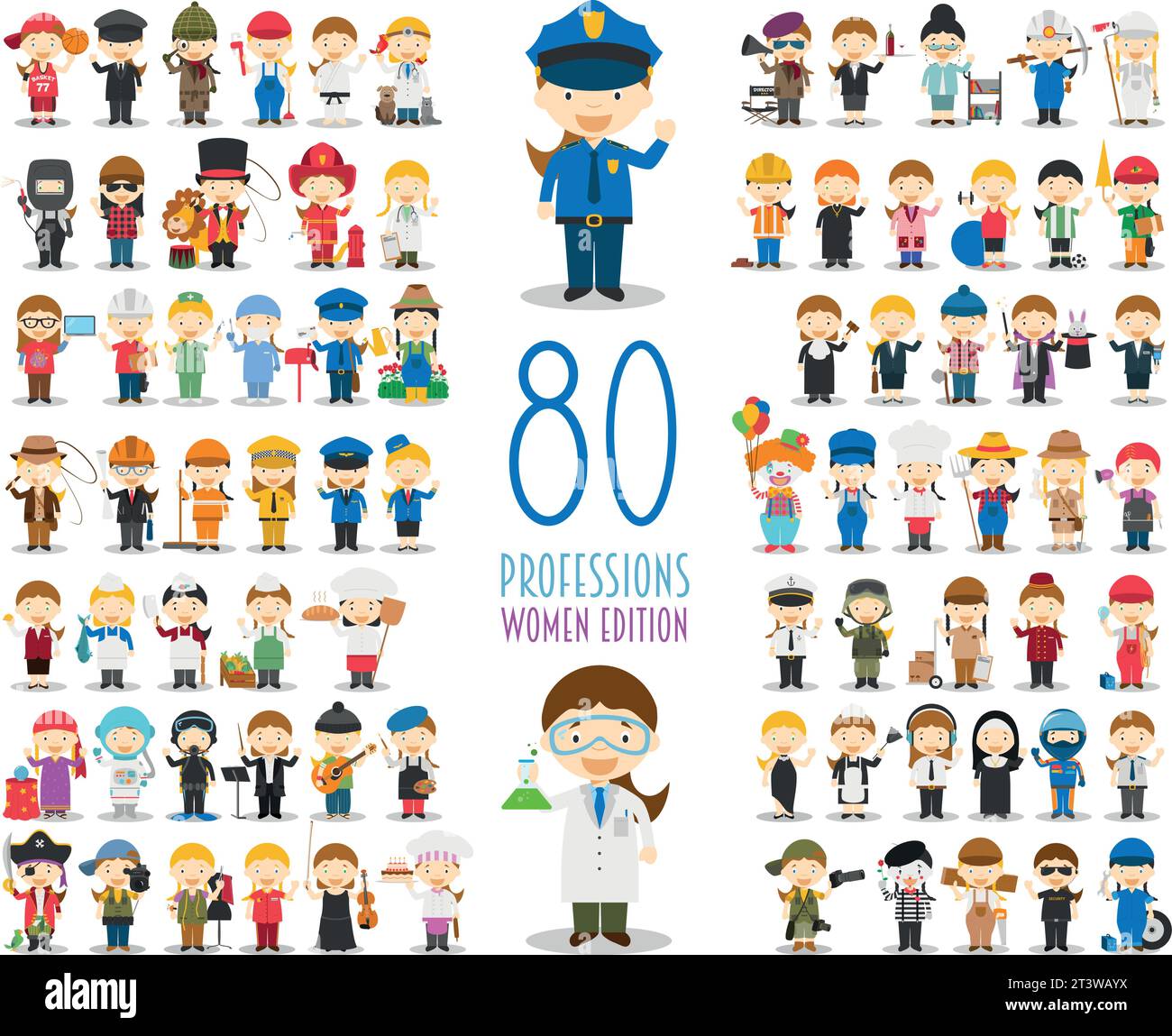 Kids Vector Characters Collection: Set of 80 different professions in cartoon style. Women Edition. Stock Vector