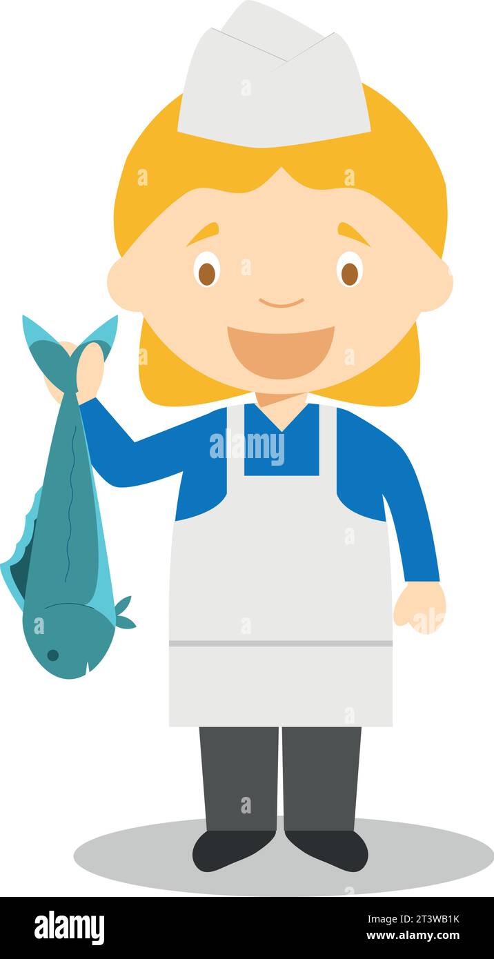 Cute cartoon vector illustration of a fishmonger. Women Professions Series Stock Vector